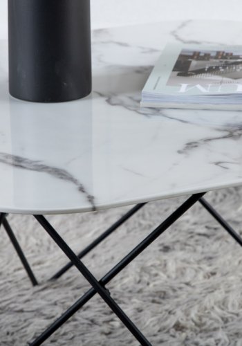 VENTURE DESIGN Tristar sofabord, kvadratisk - hvid marmoreret glas og sort stl (80x80)