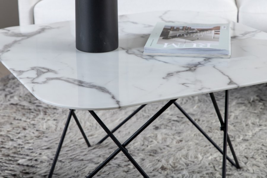 VENTURE DESIGN Tristar sofabord, kvadratisk - hvid marmoreret glas og sort stl (80x80)