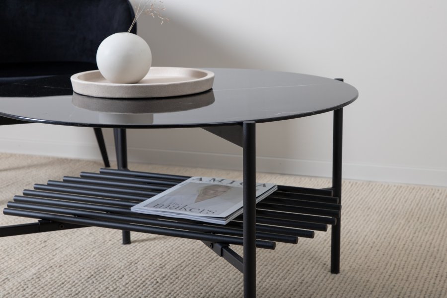 VENTURE DESIGN Von Staf sofabord, m. hylde - sort marmorglas og sort stl (80)