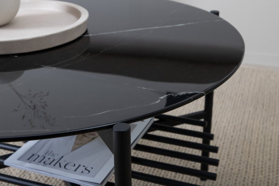 VENTURE DESIGN Von Staf sofabord, m. hylde - sort marmorglas og sort stl (80)