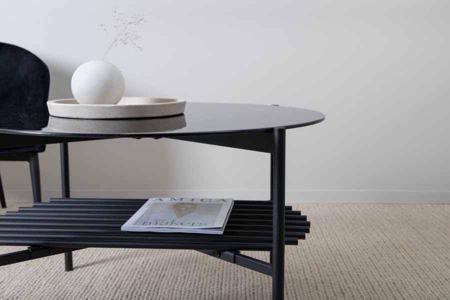 VENTURE DESIGN Von Staf sofabord, m. hylde - sort marmorglas og sort stl (80)