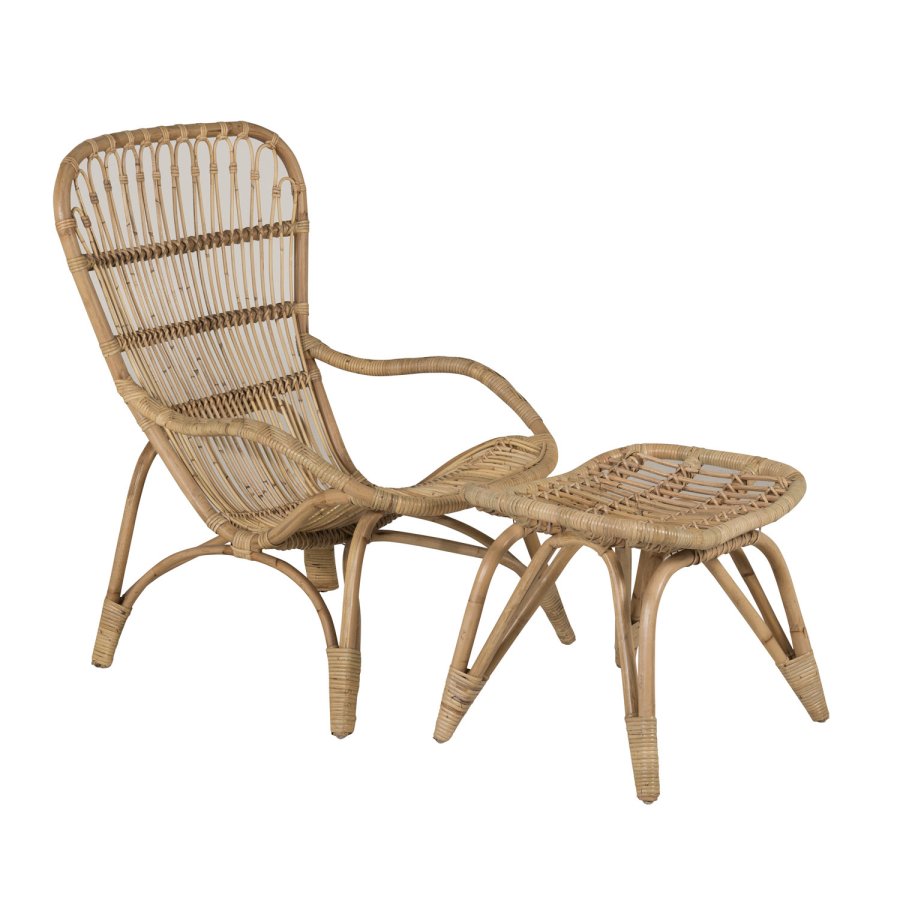 VENTURE DESIGN Ella loungestol, m. fodskammel og hynde - offwhite stof og natur bambus