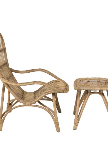 VENTURE DESIGN Ella loungestol, m. fodskammel og hynde - offwhite stof og natur bambus