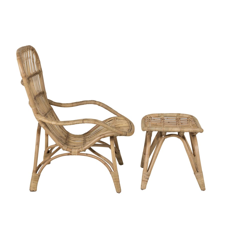 VENTURE DESIGN Ella loungestol, m. fodskammel og hynde - offwhite stof og natur bambus