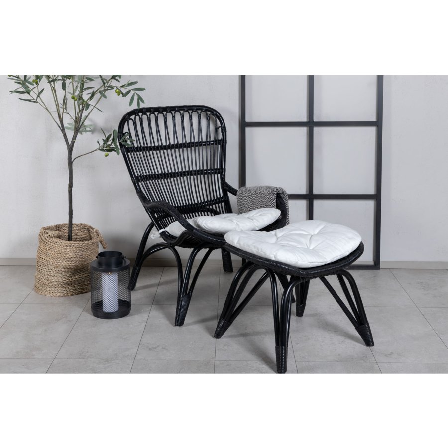 VENTURE DESIGN Ella Lounge Chair - BLACK rattan / Offwhite Cushion. inc. Ottoman