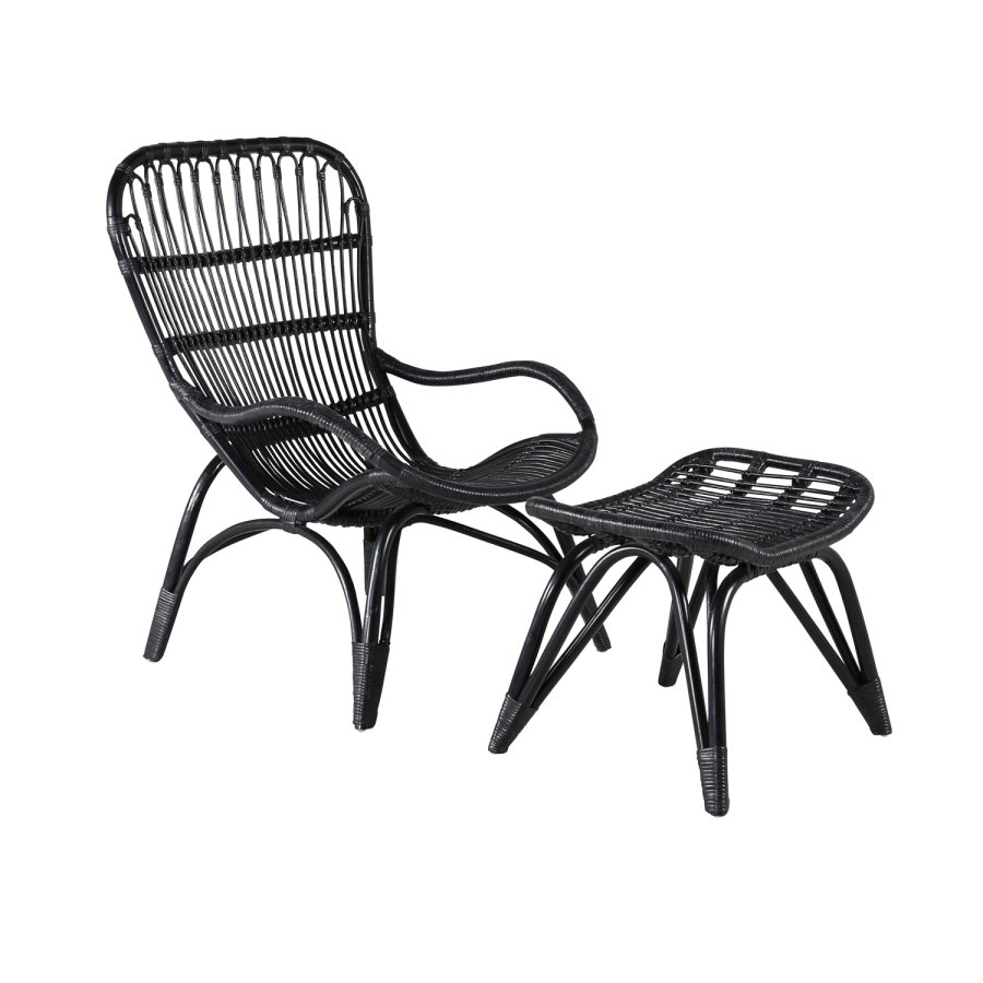 VENTURE DESIGN Ella Lounge Chair - BLACK rattan / Offwhite Cushion. inc. Ottoman