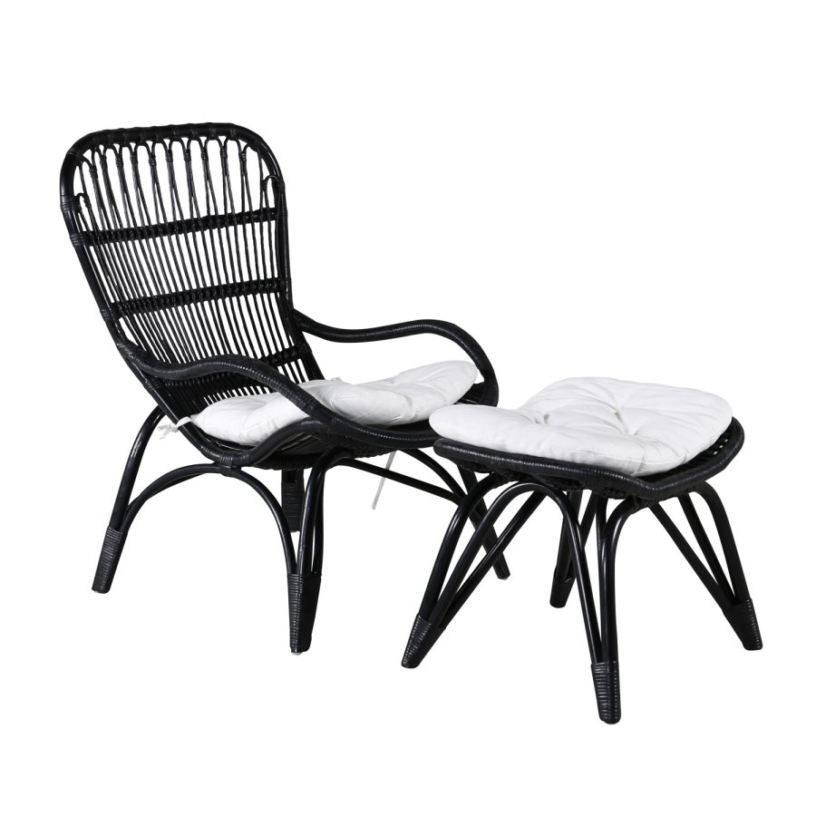 VENTURE DESIGN Ella Lounge Chair - BLACK rattan / Offwhite Cushion. inc. Ottoman
