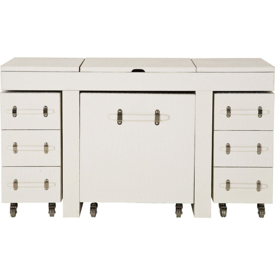 KARE DESIGN Diva Croco White Makeup Bord - hvid lderlook, m. stol, 6 skuffer, spejl og +10 rum