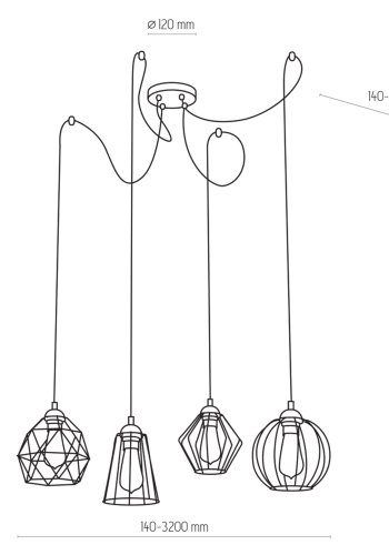 TK Galaxy Spider loftlampe, m. 4 skrme - kobber og sort metal