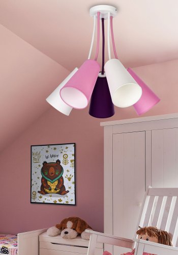 TK Wire brnelampe, m. 5 skrme - multifarvet stof og hvid metal