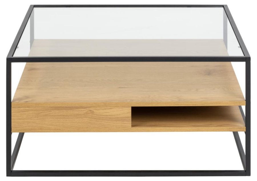 ACT NORDIC Randolf sofabord, m. 2 hylder - klar glas, natur vild eg melamin, mat sort stl (80x80)