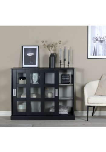 VENTURE DESIGN Lock Low sknk, m. 2 skydelger - glas, lysegr og sort MDF (120x40)