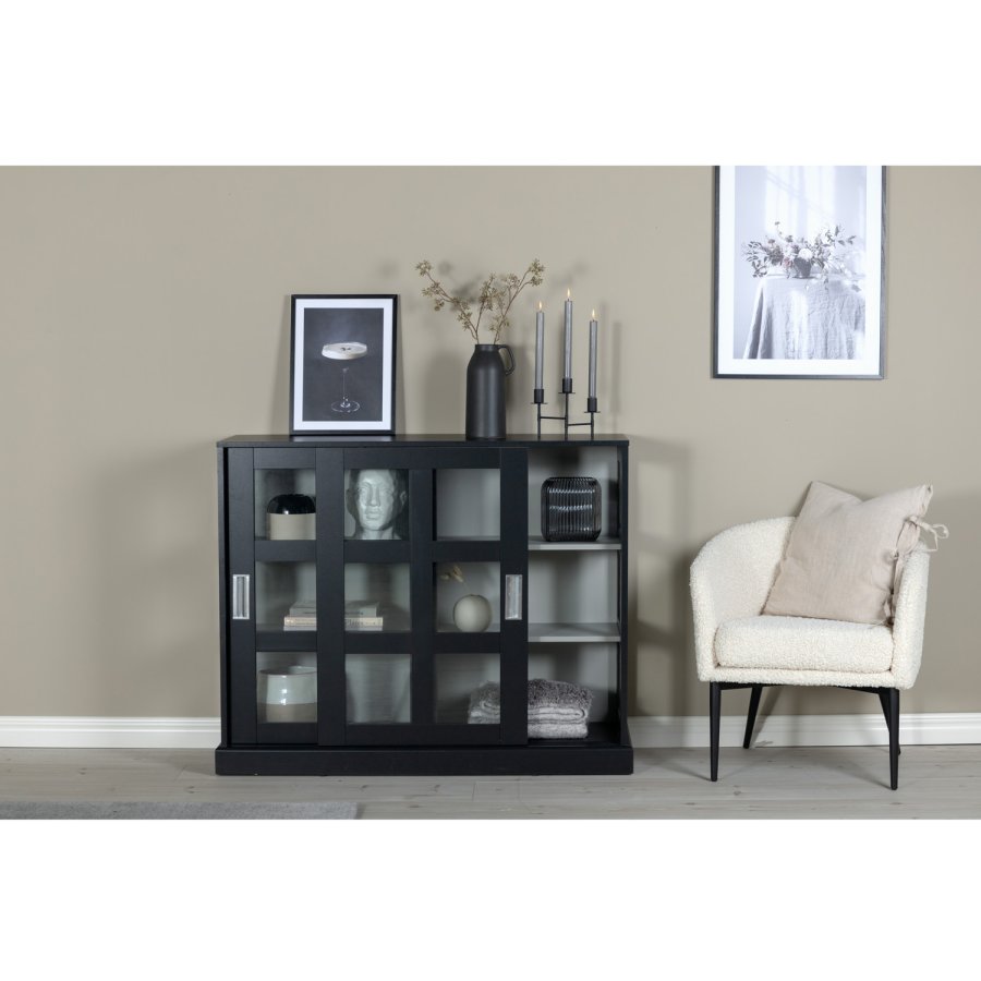 VENTURE DESIGN Lock Low sknk, m. 2 skydelger - glas, lysegr og sort MDF (120x40)