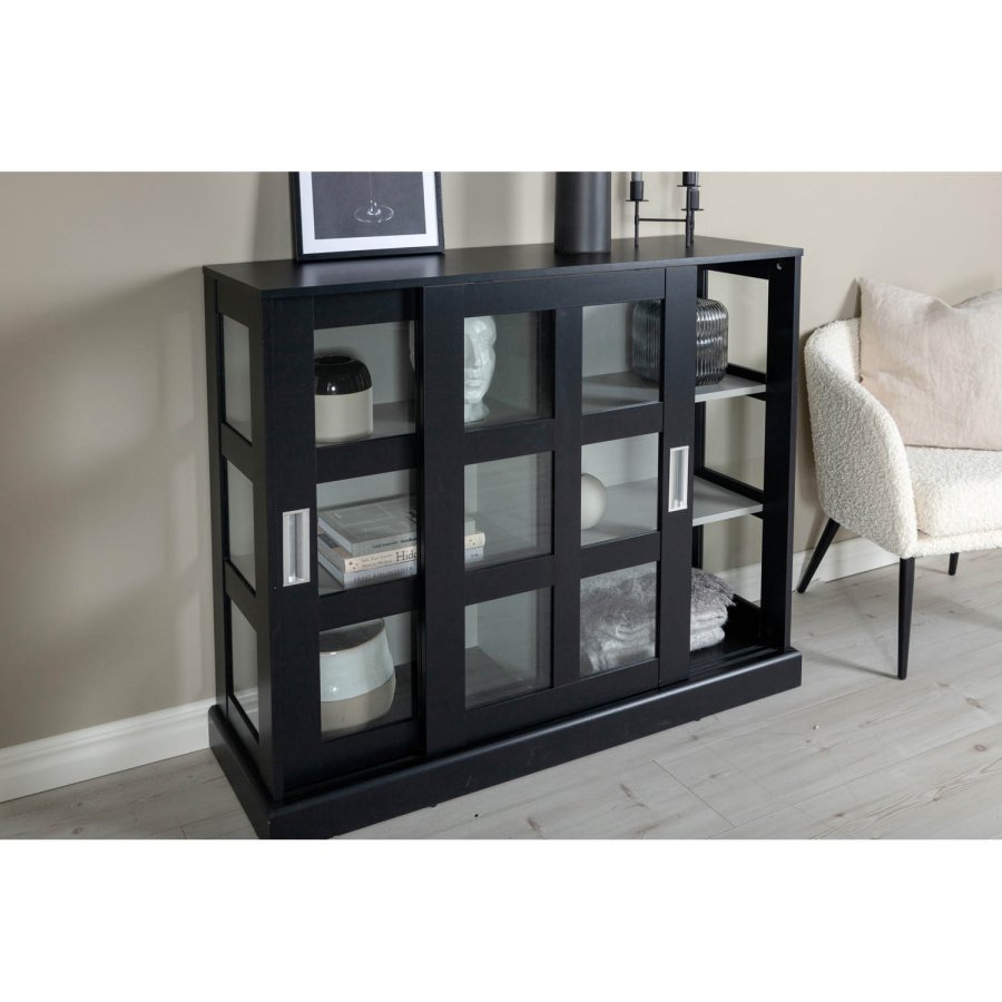 VENTURE DESIGN Lock Low sknk, m. 2 skydelger - glas, lysegr og sort MDF (120x40)