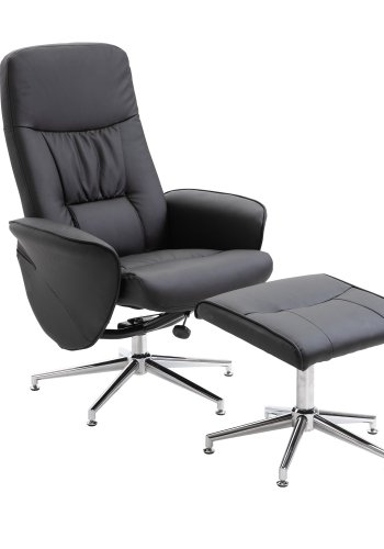 VENTURE DESIGN Rolf recliner lnestol, m. fodskammel - sort PU og krom metal