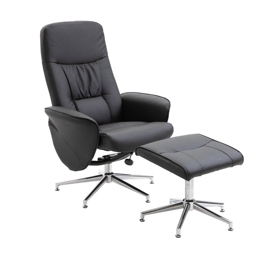 VENTURE DESIGN Rolf recliner lnestol, m. fodskammel - sort PU og krom metal