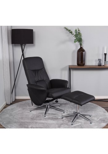 VENTURE DESIGN Rolf recliner lnestol, m. fodskammel - sort PU og krom metal