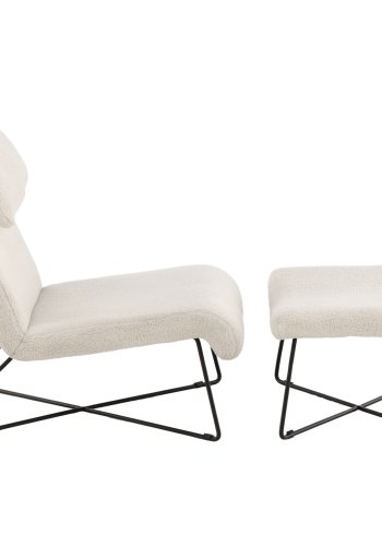 VENTURE DESIGN Laconia loungestol, m. fodskammel - hvid bamsestof og mat sort stl