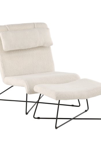 VENTURE DESIGN Laconia loungestol, m. fodskammel - hvid bamsestof og mat sort stl