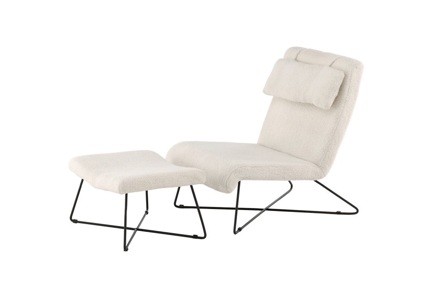 VENTURE DESIGN Laconia loungestol, m. fodskammel - hvid bamsestof og mat sort stl