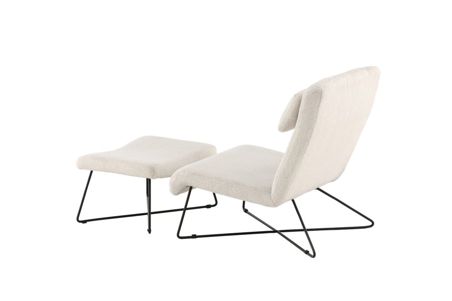 VENTURE DESIGN Laconia loungestol, m. fodskammel - hvid bamsestof og mat sort stl