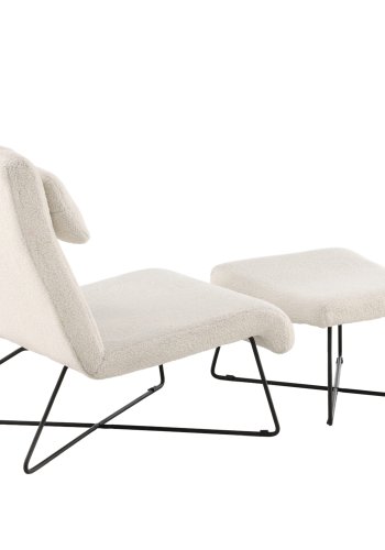 VENTURE DESIGN Laconia loungestol, m. fodskammel - hvid bamsestof og mat sort stl