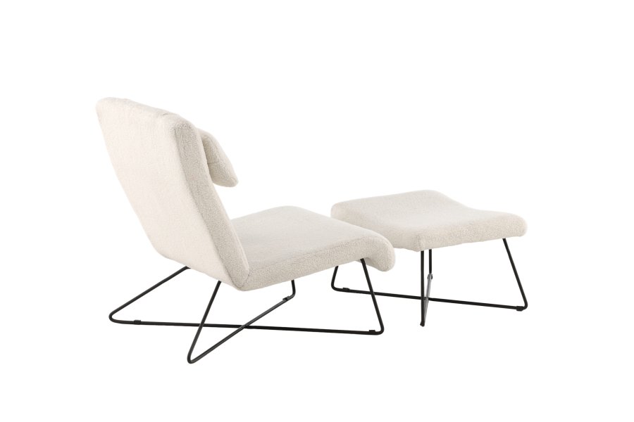 VENTURE DESIGN Laconia loungestol, m. fodskammel - hvid bamsestof og mat sort stl