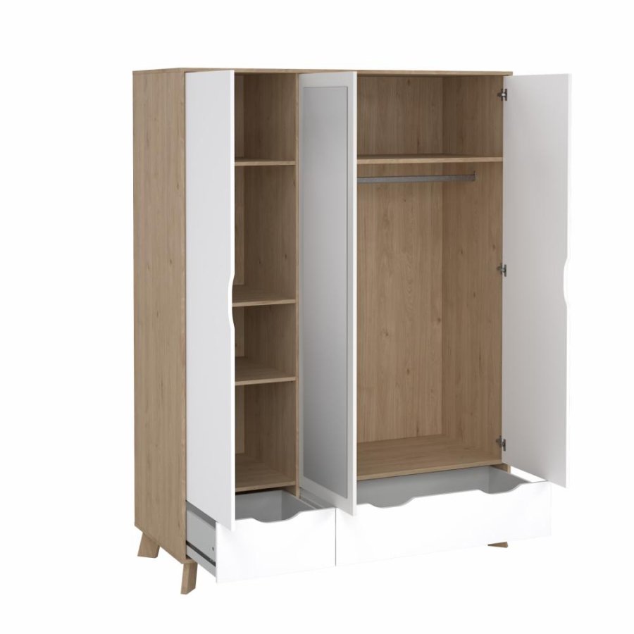 TVILUM Ikast Garderobeskab med 2 dre + 1 spejldr + 2 skuffer, Jackson Hickory/Hvid, 147,2 x 58,1 x 201 cm