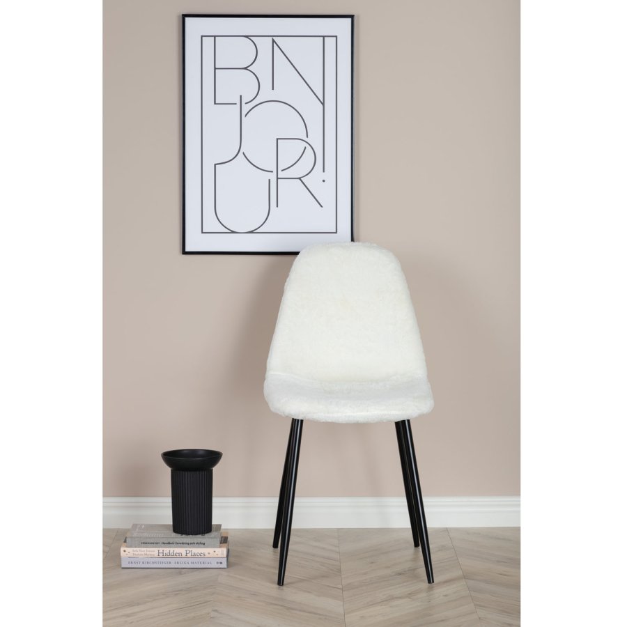 VENTURE DESIGN Polar Fluff spisebordsstol - hvid polyester teddystof og sort metal