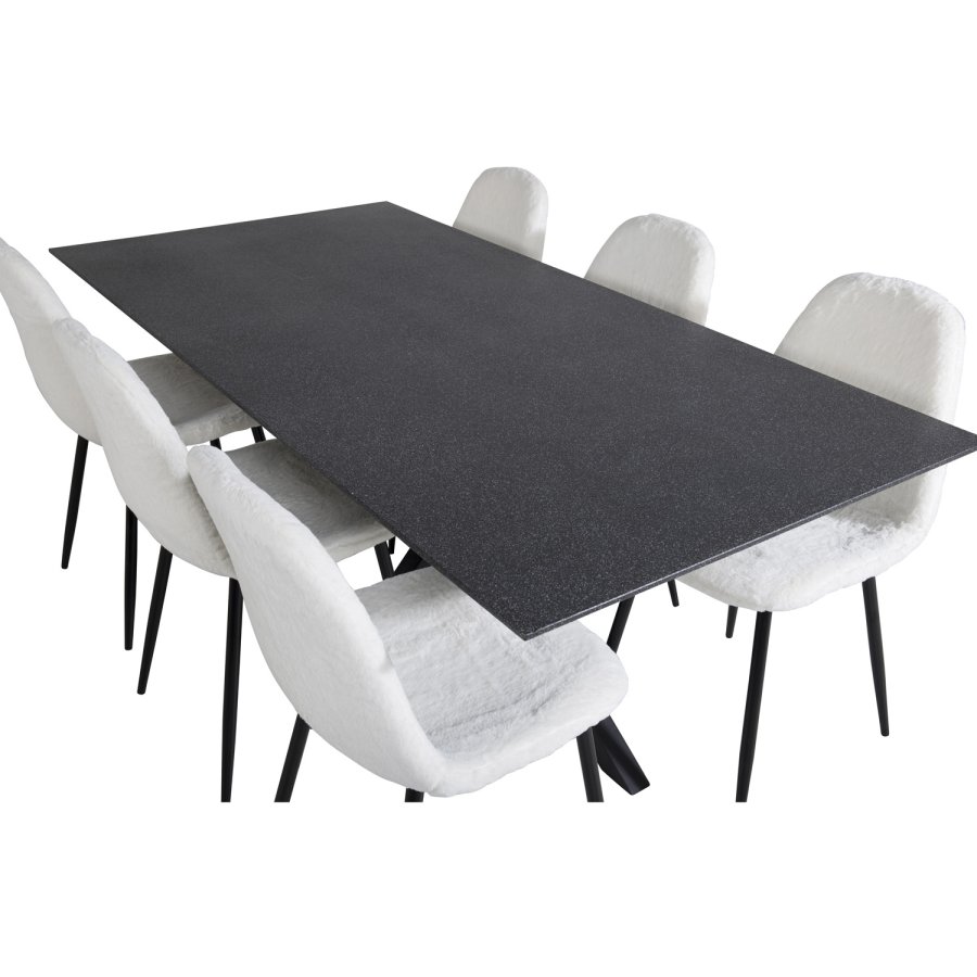 VENTURE DESIGN Polar Fluff spisebordsstol - hvid polyester teddystof og sort metal