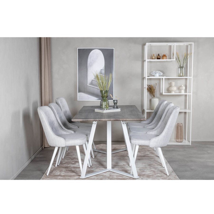 VENTURE DESIGN Velvet Deluxe spisebordsstol - lysegr polyester og hvid metal