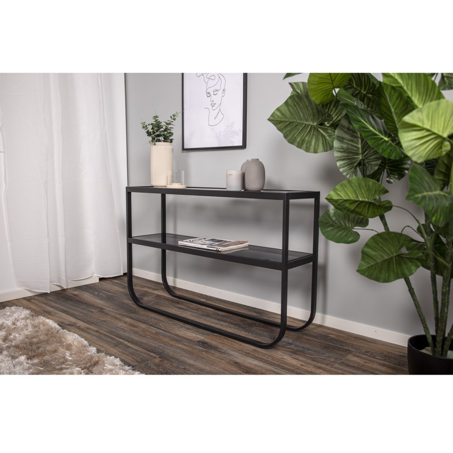 VENTURE DESIGN Rocker sidebord, m. 1 hylde - gr glas og sort metal (110x30)