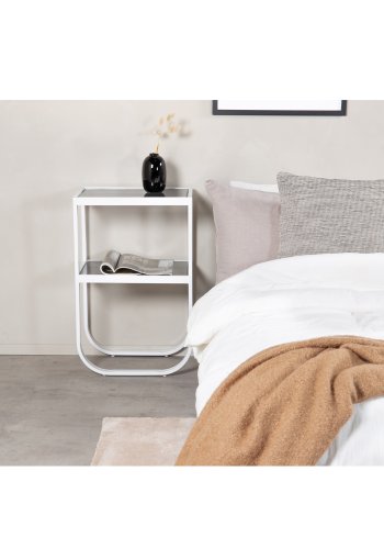 VENTURE DESIGN Rocker sengebord, m. hylde - gr rget glas og hvid metal (45x30)