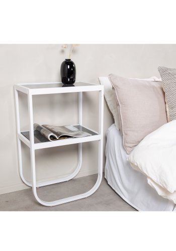 VENTURE DESIGN Rocker sengebord, m. hylde - gr rget glas og hvid metal (45x30)