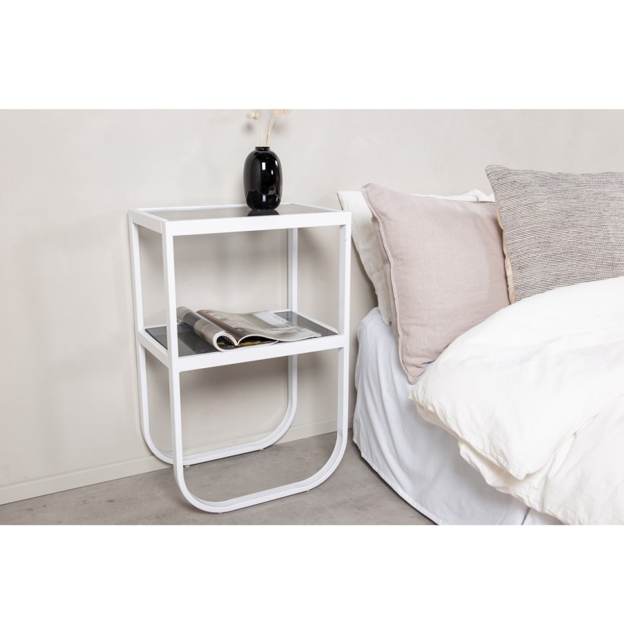 VENTURE DESIGN Rocker sengebord, m. hylde - gr rget glas og hvid metal (45x30)