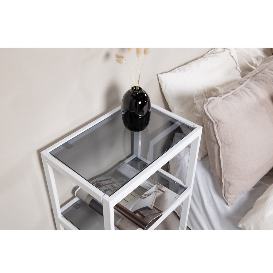 VENTURE DESIGN Rocker sengebord, m. hylde - gr rget glas og hvid metal (45x30)
