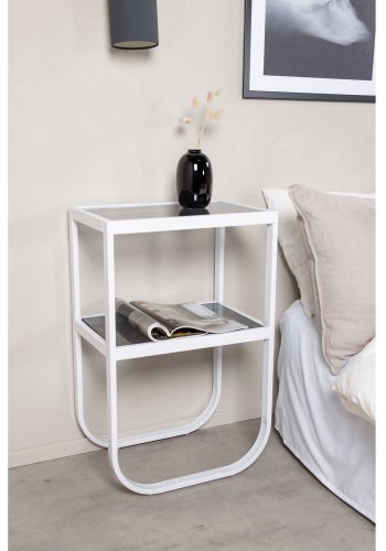 VENTURE DESIGN Rocker sengebord, m. hylde - gr rget glas og hvid metal (45x30)