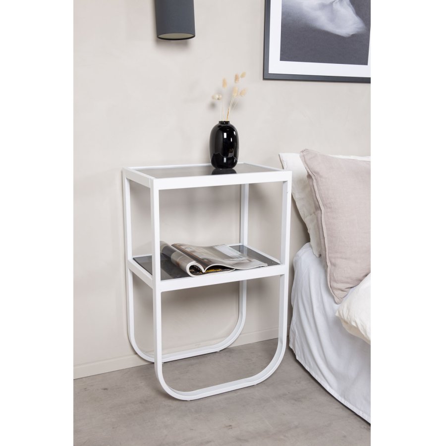 VENTURE DESIGN Rocker sengebord, m. hylde - gr rget glas og hvid metal (45x30)