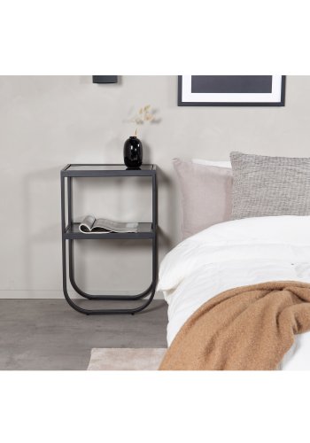 VENTURE DESIGN Rocker sengebord, m. hylde - gr rget glas og sort metal (45x30)