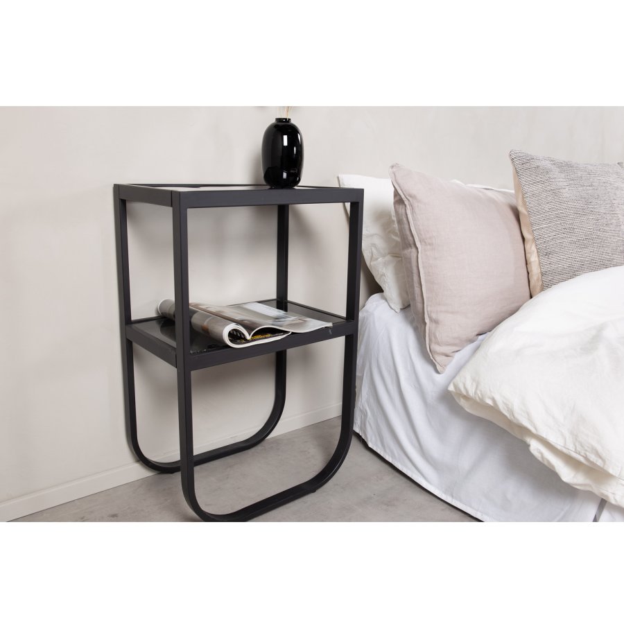 VENTURE DESIGN Rocker sengebord, m. hylde - gr rget glas og sort metal (45x30)