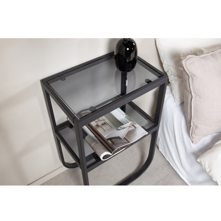 VENTURE DESIGN Rocker sengebord, m. hylde - gr rget glas og sort metal (45x30)