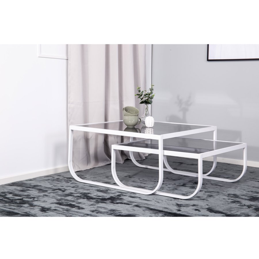 VENTURE DESIGN Rocker indskudsborde - gr glas og hvid metal (st á 2)