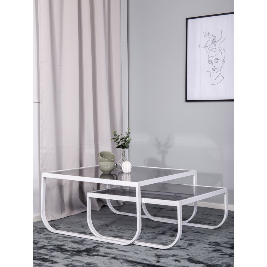 VENTURE DESIGN Rocker indskudsborde - gr glas og hvid metal (st á 2)