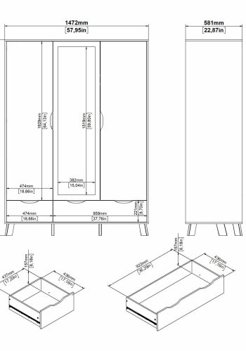 TVILUM Ikast Garderobeskab med 2 dre + 1 spejldr + 2 skuffer, Jackson Hickory/Hvid, 147,2 x 58,1 x 201 cm