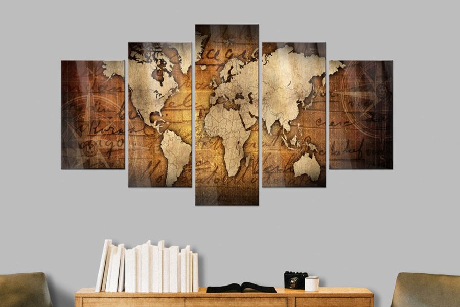 Artgeist Acrylic prints Bronze map - Verdenskort trykt p plexiglas, 5-delt- Flere strrelser