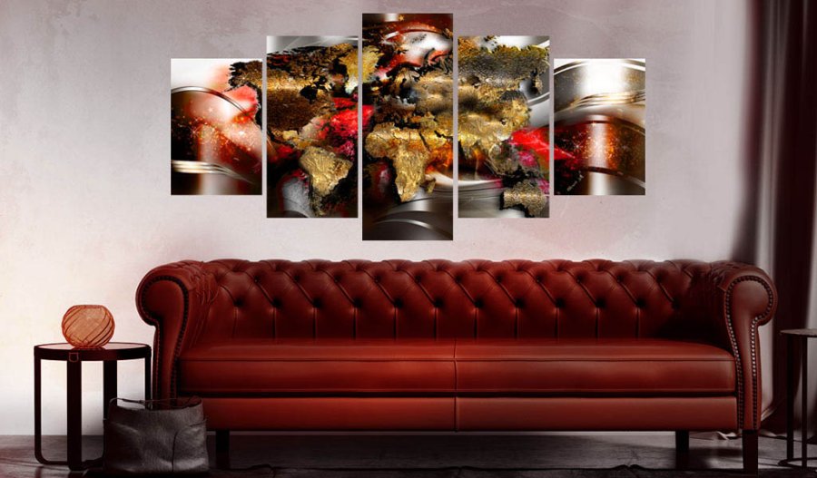 Artgeist Ruby Ribbon - Abstrakt verdenskort trykt p lrred, 5-delt - Flere strrelser