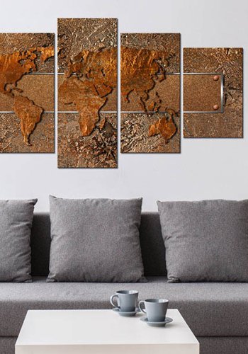 Artgeist Brown Escapade - Brunt verdenskort trykt p lrred, 5-delt - Flere strrelser