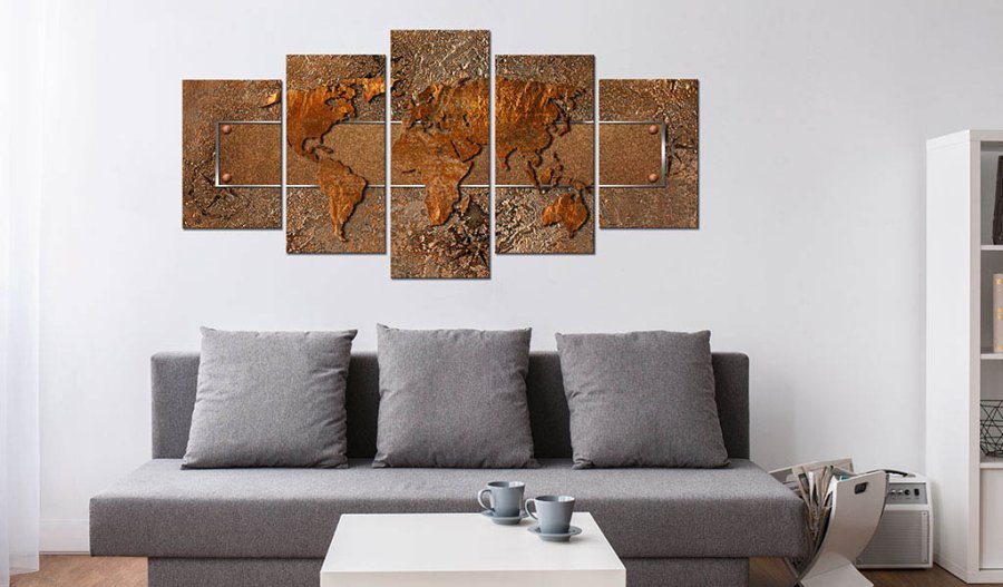 Artgeist Brown Escapade - Brunt verdenskort trykt p lrred, 5-delt - Flere strrelser