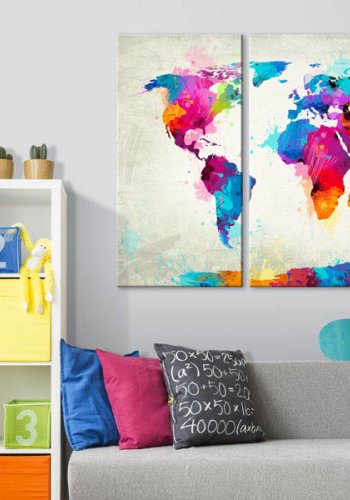 Artgeist verdenskort - Colourful Expression trykt p kork, 3-delt - flere strrelser