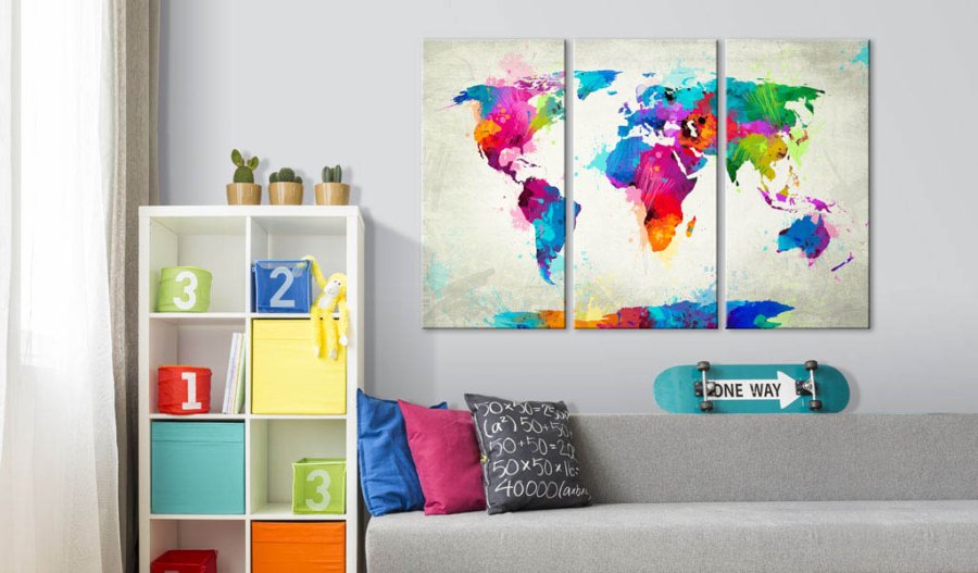 Artgeist verdenskort - Colourful Expression trykt p kork, 3-delt - flere strrelser